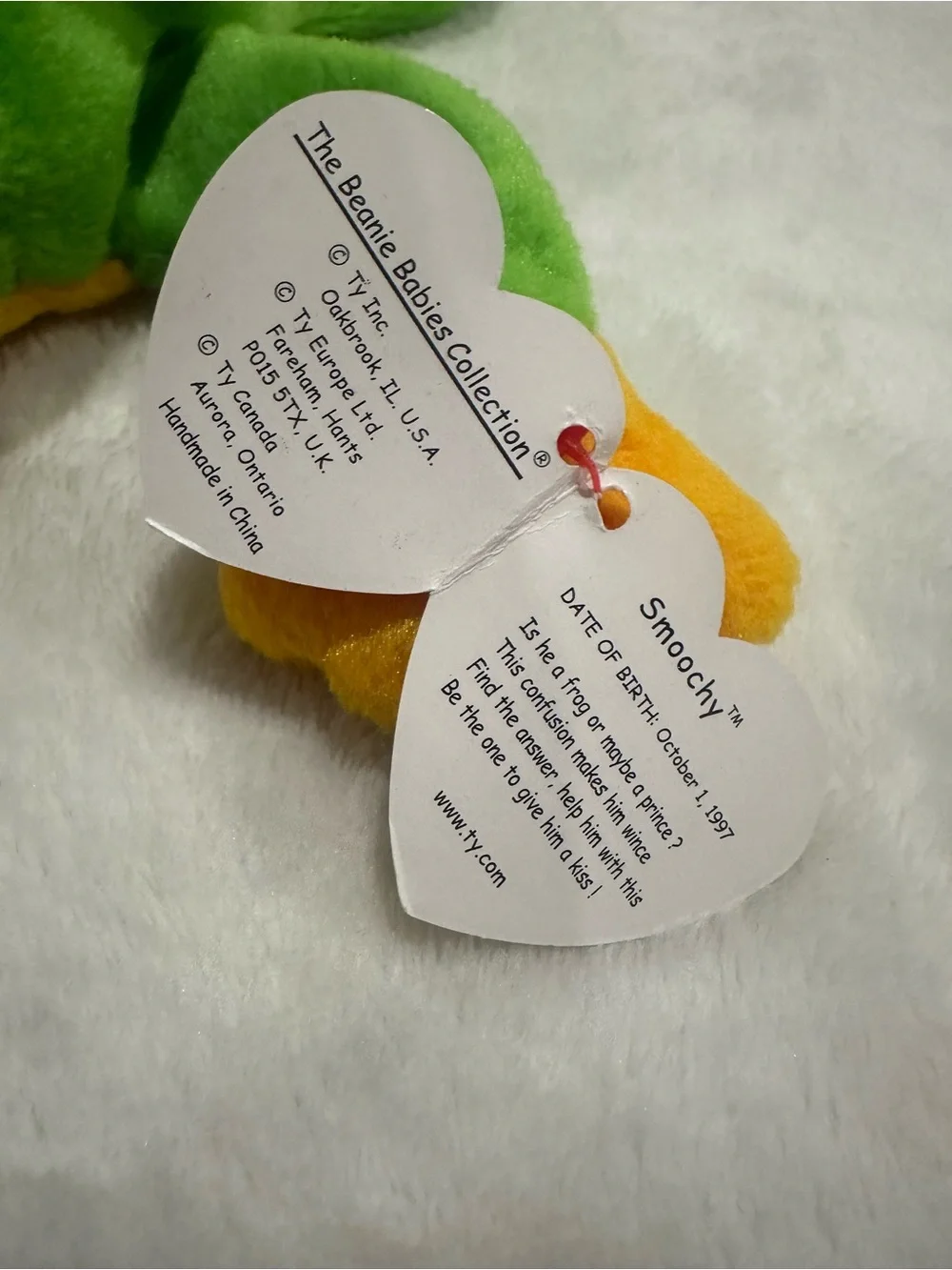 Ty Smoochy Plush Frog Toy - Bright Green and Yellow